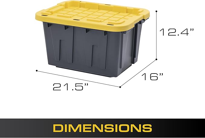 CX BLACK & YELLOW, 12-Gallon Heavy Duty Tough Storage Container & Snap-Tight Lid, (12.51H x 16.3W x 21.8D), Weather-Resistant Design and Stackable Organization Tote [6 Pack]