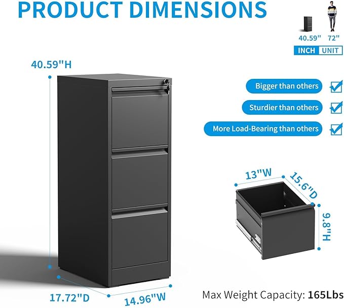 3 Drawer File Cabinet with Lock, Vertical Metal Filing Cabinet for Home Office, Locking File Cabinets for Legal/Letter Size Hanging File Folders (Black)