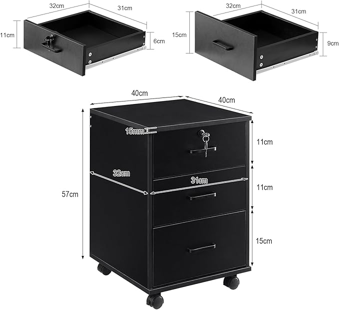 File Cabinet with Lock 3 Drawer Mobile Filing Cabinet with 360° Swivel Wheels, Under Desk Storage Cabinet Wooden File Organizer for Legal/Letter/A4 Documents, Home Office Storage (Black)
