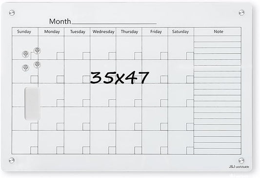 Magnetic Whiteboard Calendar, 4' x 3' Glass Wall Calendar Dry Erase Board Monthly Planner for Home, School, Office, Frameless, with Markers, Marker Tray, Eraser, Magnets
