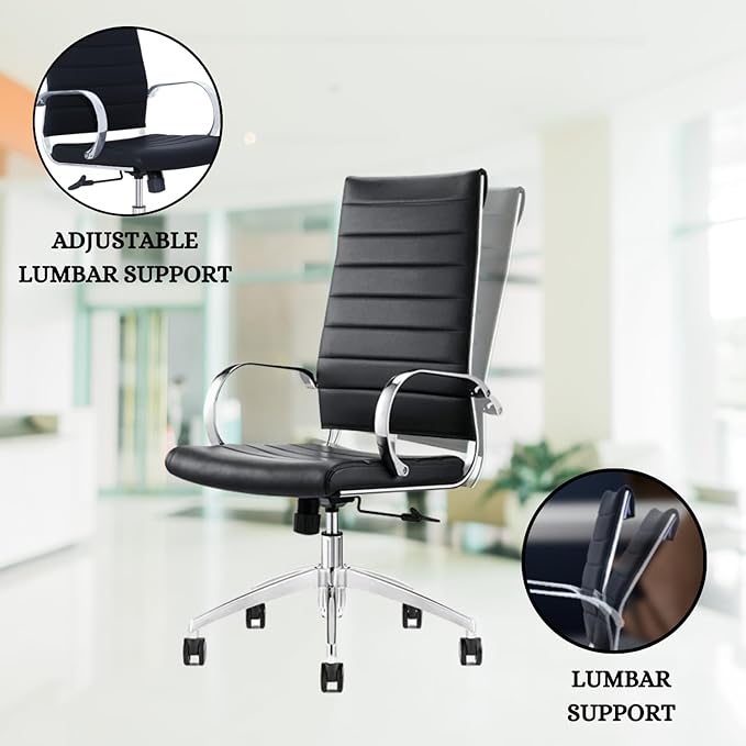 Ribbed High Back Conference Room Chairs- Lumbar Support, Modern Style Executive Chair for Home and Office - 360 Swivel Rolling Wheels - Aluminum Chrome Frame & Base - Black (Pack of 4)