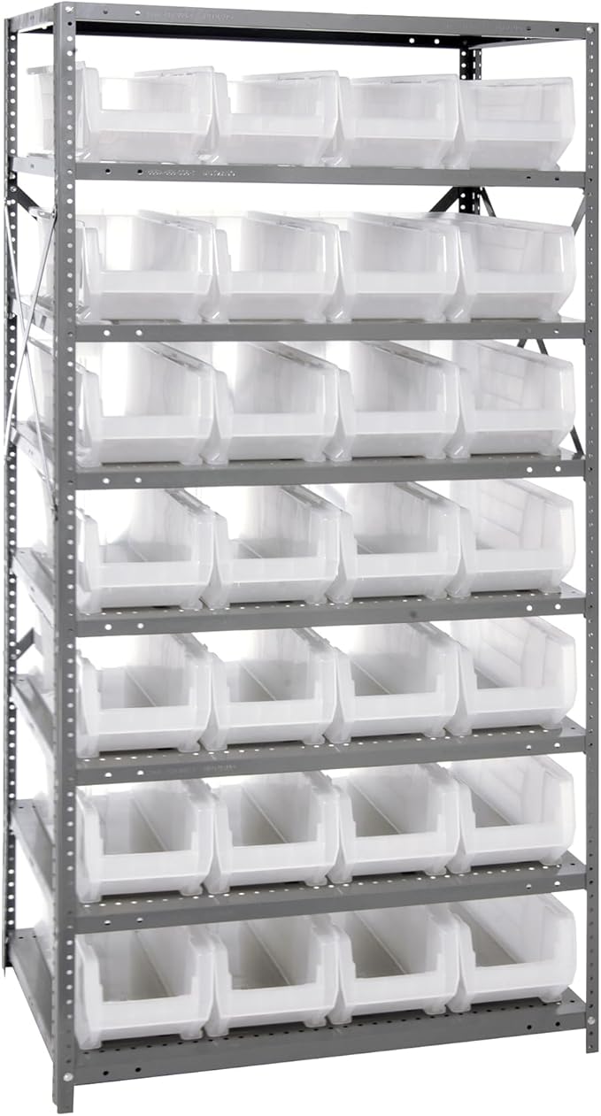 QUANTUM STORAGE SYSTEMS 2475-950CL Solid Heavy Duty 8 Shelves 28 HULK Clear Bins 75" H x 36" W x 24" D