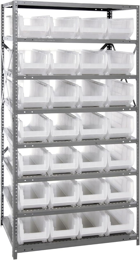 QUANTUM STORAGE SYSTEMS 2475-950CL Solid Heavy Duty 8 Shelves 28 HULK Clear Bins 75" H x 36" W x 24" D