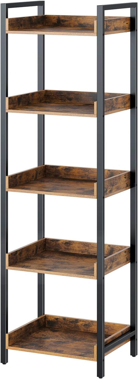 Rolanstar Bookshelf, 5-Tier Storage Rack, Narrow Corner Bookshelf, Display Wooden Shelves for Living Room, Bathroom, Balcony, Kitchen,Rustic Brown