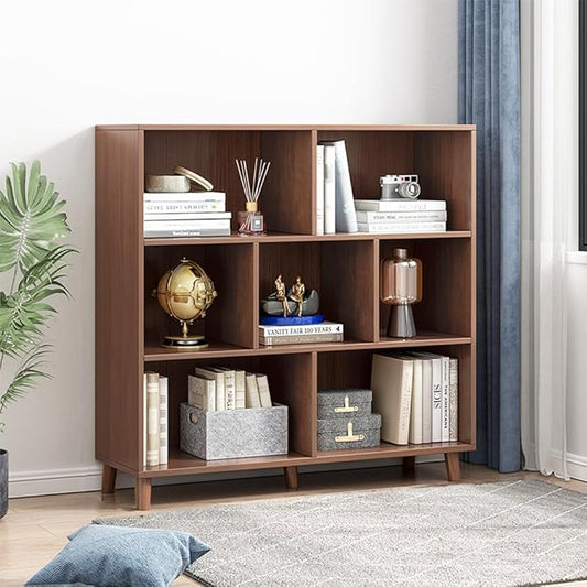 IOTXY Open Cube Low Bookcase - 3-Tier Freestanding Storage Display Cabinet Organizer with Legs for Home Office, 7-Cubes Open Shelf Short Bookshelf, Walnut