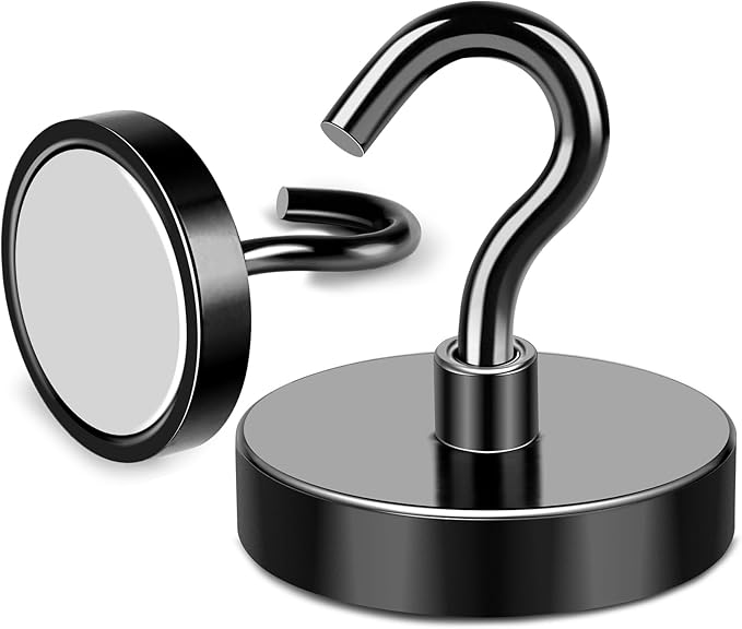 MIKEDE Black Magnetic Hooks Heavy Duty, 170LB+ Strong Neodymium Magnets for Refrigerator, Magnetic Hooks with Epoxy Coating for Hanging, Magnets with Hooks for Cruise, Home, Workplace - 10 Pack