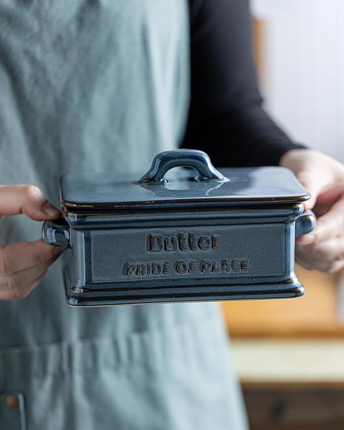 Butter Dish with Lid, Porcelain Butter Dish for Countertop Large Butter Keeper Butter Holder Container for East West Coast Butter, Farmhouse Decor for Thanksgiving Christmas, Blue