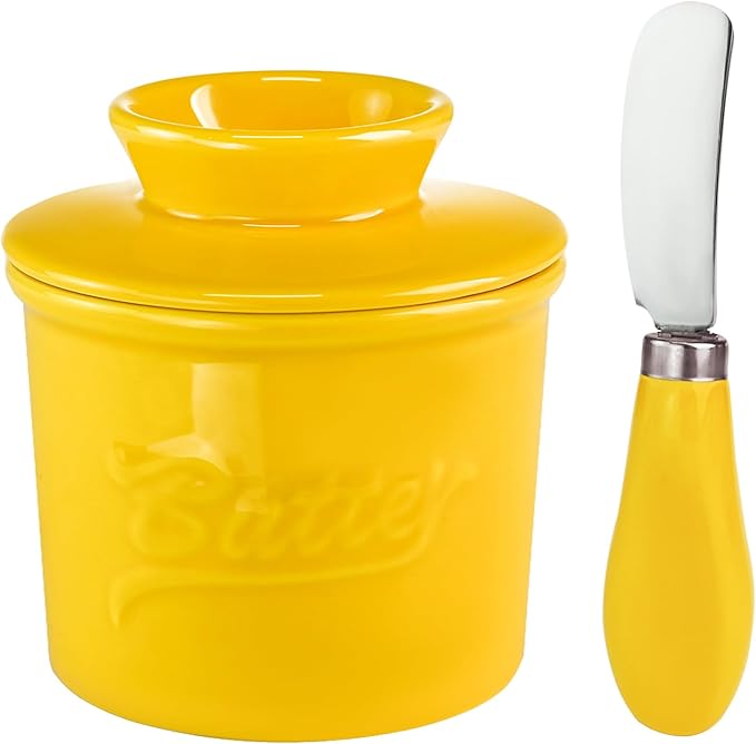 Ceramic Butter Crock with Lid & Spreader Knife, Butter Keeper - Ideal Butter Storage & Countertop Butter Dish, Yellow