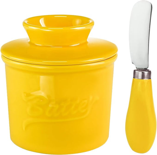 Ceramic Butter Crock with Lid & Spreader Knife, Butter Keeper - Ideal Butter Storage & Countertop Butter Dish, Yellow