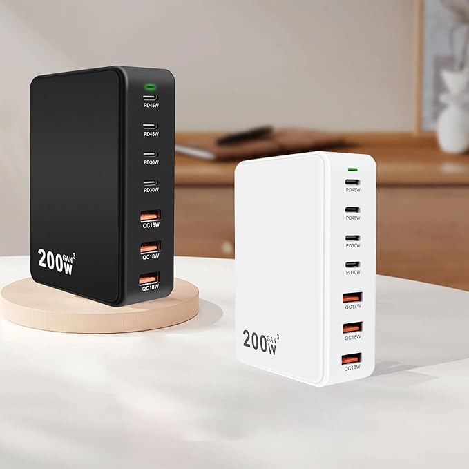 USB C Charger 200W USB C Charger Block, Upgraded GaN 7-Port Fast Charging Station Hub, Laptop Charger Adapter, Compatible with MacBookAir/Pro, DELL, iPhone16/15, iPad, Steam (White)