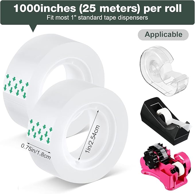 Pasimy 96 Rolls Clear Tape Bulk Strong Sticky Transparent Tape Refills for Dispenser, Office, Home, School, Wall, Carpet, 3/4 x 1000 Inches(Green)