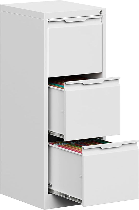 3 Drawer File Cabinet with Lock,Vertical Filing Cabinets for Home Office,Heavy Duty Metal File Cabinet for Hanging A4/Letter/Legal Size File,Vertical File Cabinet 15" W X 17.8" D X 38.3" H-White