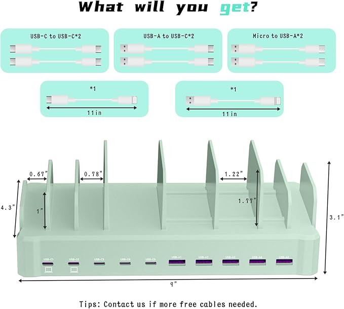 Charging Station for Multiple Devices, Zobirez 10-Port USB C Fast Charger Stations for MacBook, iPhone, Android Cell Phone, iPad, Tablet, Family Multi-Device Organizer Charging Dock, Green