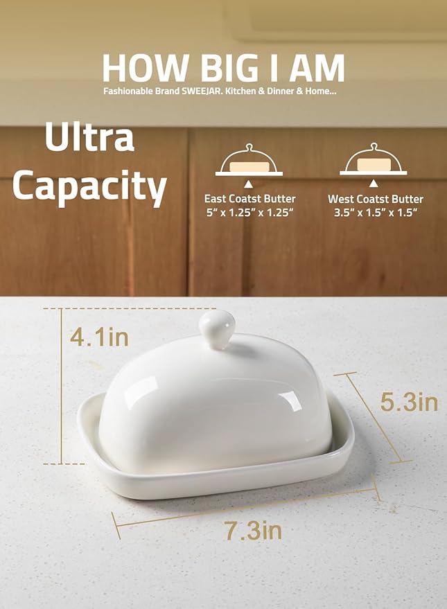 Sweejar Ceramic Butter Dish with Lid for Countertop,Porcelain Butter Keeper with Knob Handle,Butter Container for East/West Coast Butter, 7.3*4.1 inches (Beige)