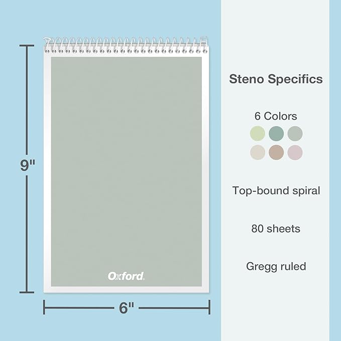 Oxford Steno Spiral Notebooks, Top Bound Steno Pads, 6x9 Inches, Gregg Ruled for Lists, White Paper, Asst. Neutral Covers, 80 Sheets, 6 Pack (1007113)