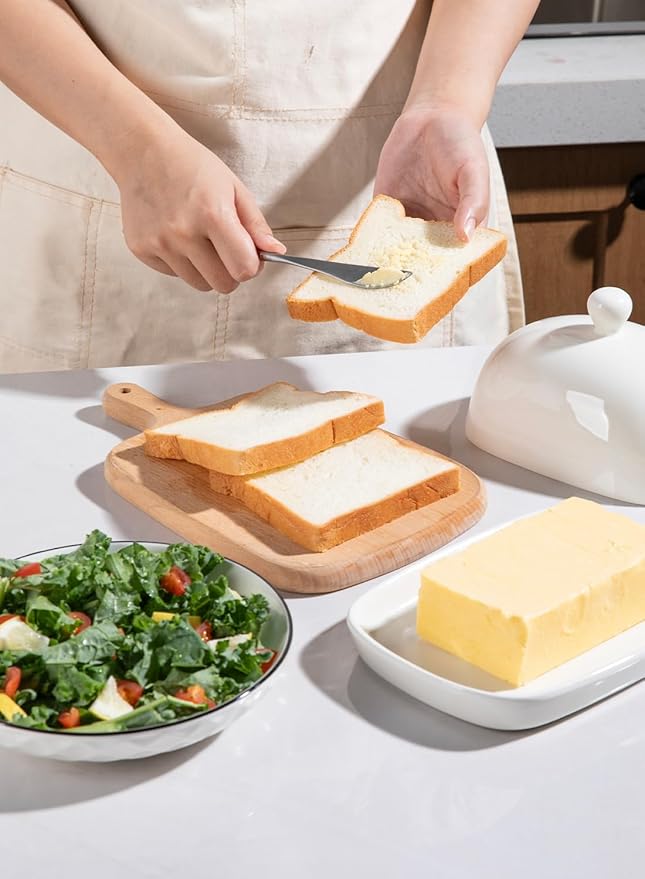 Sweejar Ceramic Butter Dish with Lid for Countertop,Porcelain Butter Keeper with Knob Handle,Butter Container for East/West Coast Butter, 7.3*4.1 inches (Beige)