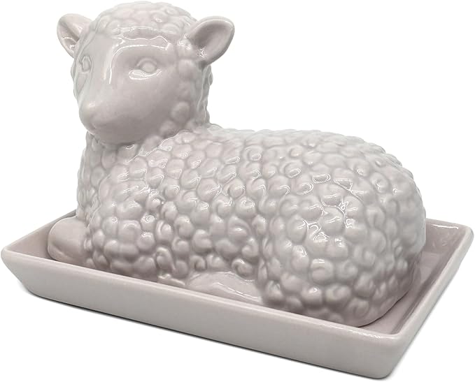 Lamb Butter Dish with Lid – Ceramic Farm Animal Butter Holder for Countertop Storage – Cute Sheep Design for Spring, Easter, or Farmhouse Kitchen Décor – Holds Standard Butter Stick