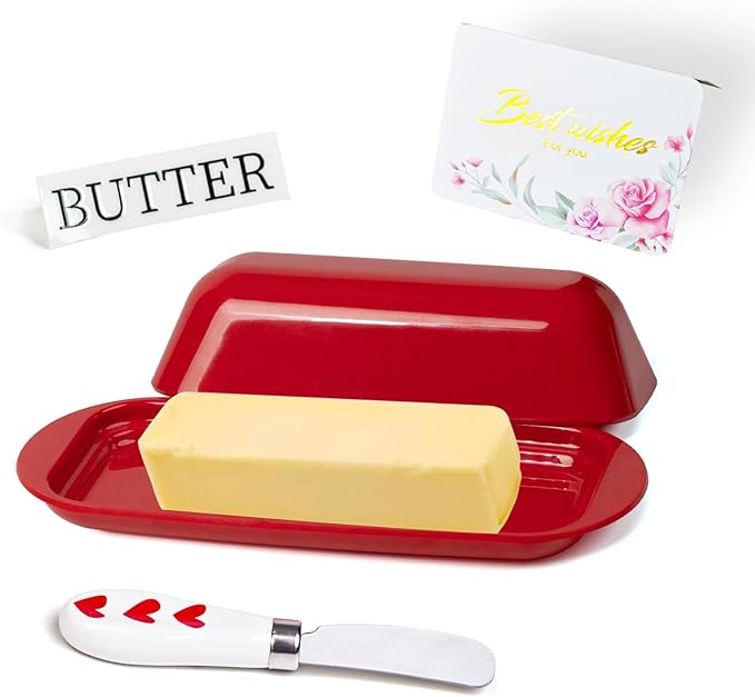 Butter Dish with Lid and Knife, Durable Countertop & Fridge Butter Keeper, Melamine Butter Container Holiday Kitchen Gift, Heart Design – Red