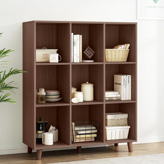 IOTXY Open Cube Low Bookcase - 3-Tier Freestanding Storage Display Cabinet Organizer with Legs for Home Office, 9-Cubes Open Shelf Short Bookshelf, Walnut