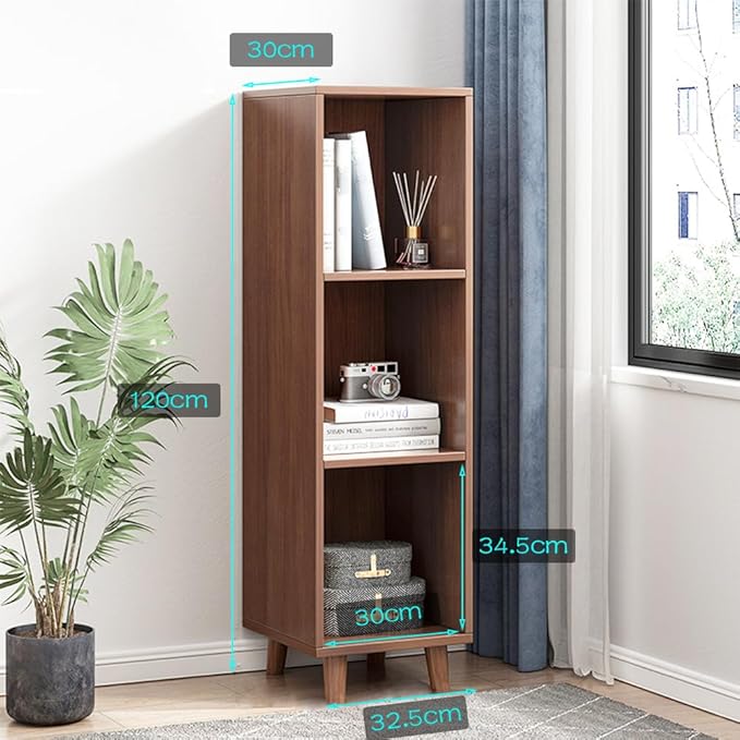 IOTXY Open Cube Low Bookcase - 3-Tier Freestanding Storage Display Cabinet Organizer with Legs for Home Office, 3-Cubes Open Shelf Short Bookshelf, Walnut