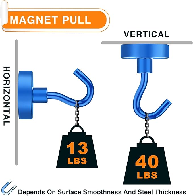 MIKEDE Magnetic Hooks Heavy Duty, 10 Lbs Magnet with Hooks for Cruise Cabins, Strong Magnets Neodymium for Hanging, Magnetic Wall Hooks for Refrigerator, Locker, Workplace(Blue, 10 Pack)