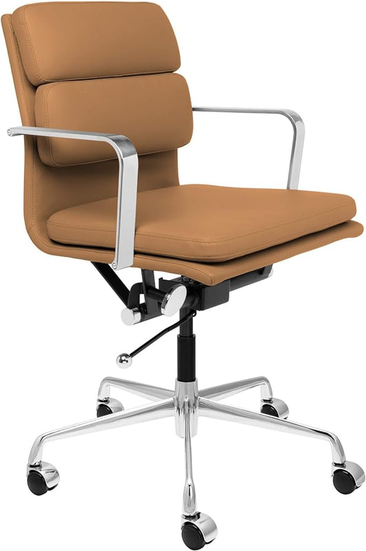 Laura Davidson Furniture SOHO II Padded Management Office Chair - Mid Back Desk Chair with Arm Rest, Swivel & Cushion Availability, Made of Faux Leather, Tan, Computer Chair