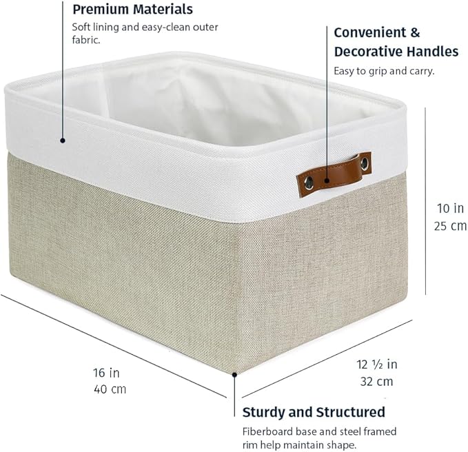 OrganiHaus Extra Large Fabric Storage Baskets for Shelves 3 Pack, 16x13in Closet Storage Bins for Shelves, Canvas Baskets for Organizing, Linen Closet Organizers, Cloth Basket, Beige/Off-White