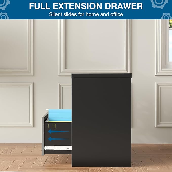 2 Drawer File Cabinet, Lateral Filing Cabinets for Home Office, Office Storage Drawers with Lock, Hanging Files Legal/Letter A4 Size (Assemble Required,Black Grey)