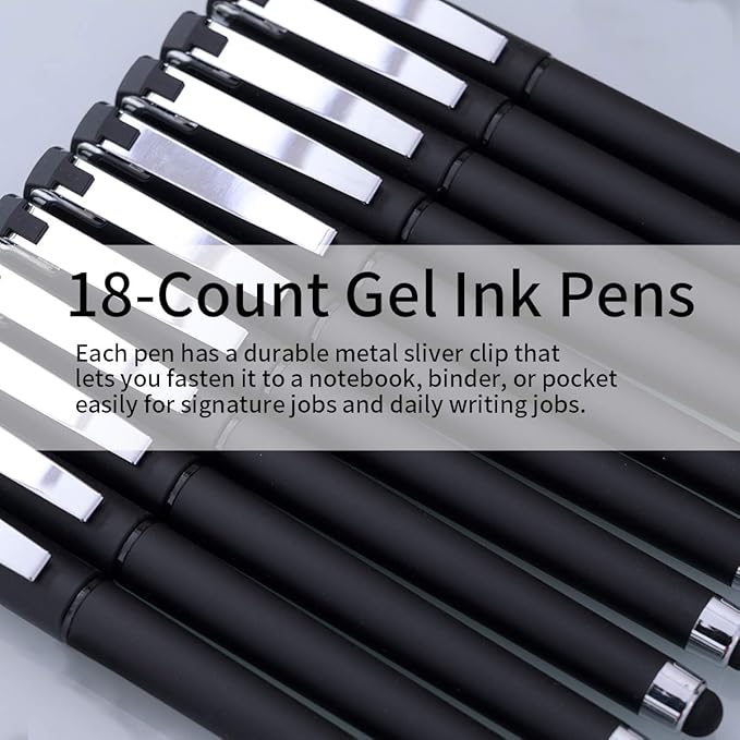 MiSiBao 0.7mm Black Ink Gel Ink Rollerball Pens 2 in 1 Medium Point Pens with Stylus Work Pen Smooth Writing for Office Black gel pen (Black-18pack)