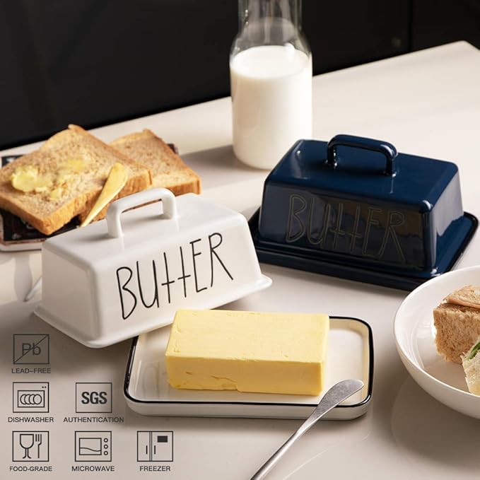 Sweejar Ceramic Butter Dish with Handle Lid, 7.3 Inch Porcelain Large Butter Keeper with Cover, Perfect for East/West Butter (Navy)