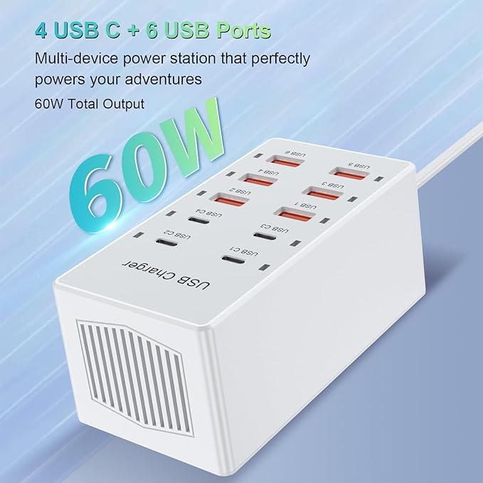 USB C Charging Station Cell Phone Wall Charger 10Ports USBC Fast Charging Power Hub Cube 4 USB C 6 USB A Charger Block Power Strip Dock Adapter for iPhone 15/14/13 iPad Android Smart Phones
