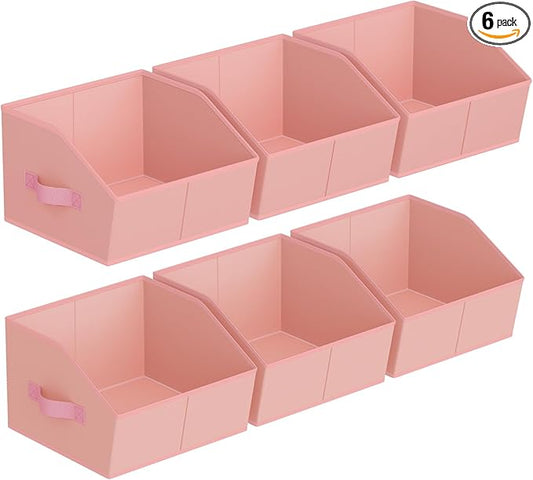 Storage Bins for Shelves - Small Trapezoid Closet Shelf Organizer, Fabric Organization Bins with Handles, Storage Baskets for Clothes, Towel, Purse, 6 Pack, Pink