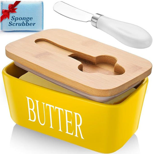Large Butter Dish With Lid - Ceramic Container for Countertop, Holder With Knife and Sponge Scrubber, Perfect for 2 Sticks, Yellow