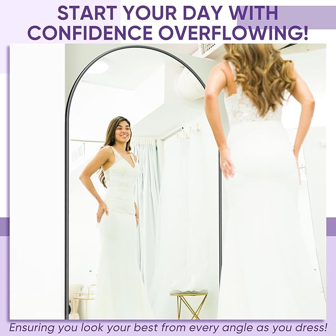 Full Length Mirror, 91"x46" Oversized Floor Mirror Freestanding, Full Body Mirror Floor Standing Mirrors with Stand, Hanging Mounted Mirrors for Bedroom Living Room, Black, Arched Style