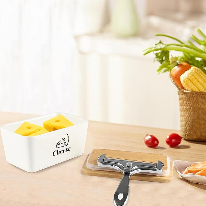 Cheese Container for Refrigerator,Shredded Cheese Container with Bamboo Lid,Ceramic Cream Block Sliced Cheeses Storage Box,Grated,Cheddar Cheeses Saver for Fridge,Kitchen Organizer