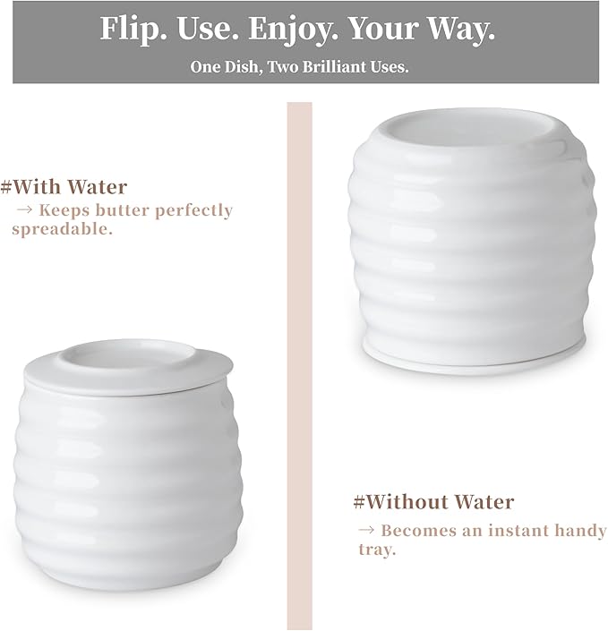 Butter Keeper Crock, 11 oz Large Ceramic Butter Dish with Lid, Holds 2-3 Sticks, Water Seal for Fresh Spreadable Butter, Easy-Grip Design & Wide Stable Lid, Arctic White