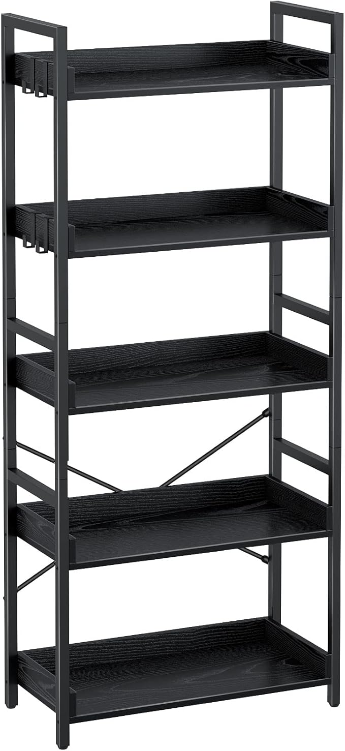 Rolanstar Bookshelf 5 Tier with 4 Hooks, Industrial Wood Bookcase, Vintage Storage Rack with Open Shelves, Rustic Standing Bookshelves Wood Frame Display Rack for Living Room, Bedroom, Black