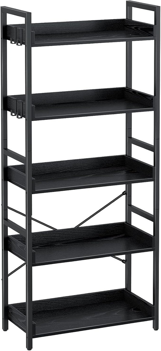 Rolanstar Bookshelf 5 Tier with 4 Hooks, Industrial Wood Bookcase, Vintage Storage Rack with Open Shelves, Rustic Standing Bookshelves Wood Frame Display Rack for Living Room, Bedroom, Black