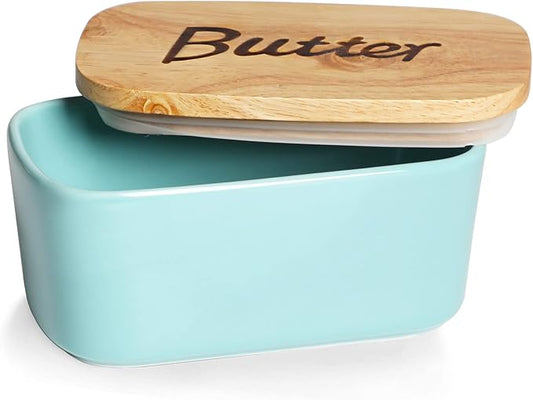 Ceramics Butter Dish with Wooden Lid- Large Covered Butter Holder for Countertop, Butter Keeper Container Perfect for Holds 2X 4oz West/East Coast Butter, Turquoise