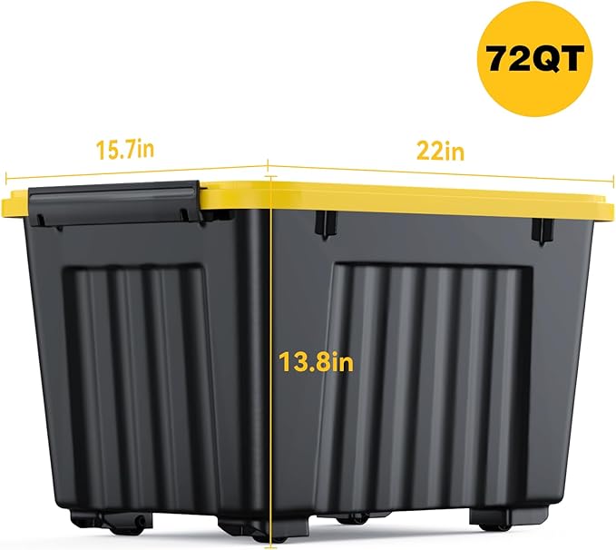 Nazhura 72 Quart Plastic Storage Bin, Stackable and Nestable Storage Boxes with Yellow Lids and Secure Latching Buckles, Large Storage Container (Black/Yellow, 72Quart-4Pack)