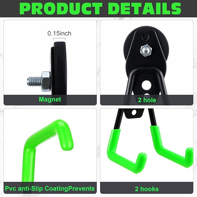 Landhoow Large Magnetic Hooks Heavy Duty Garage Magnet Hooks Strong Storage Utility Magnetic Hangers with Anti Slip Rubber Coating for Indoor and Outdoor Hanging(Green,6 Pcs)