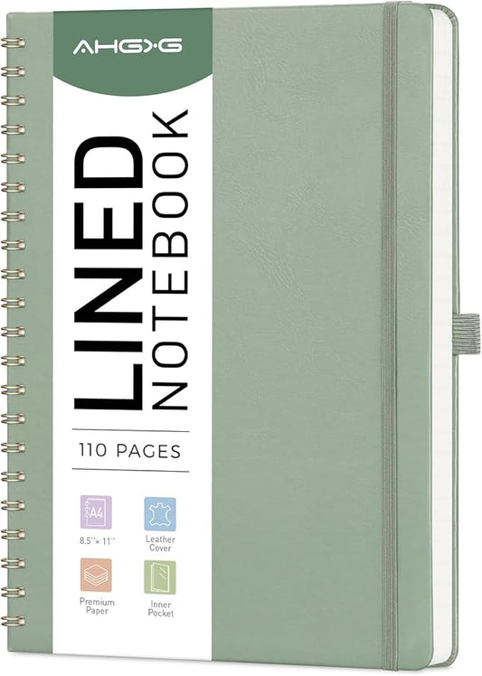 AHGXG Lined Spiral Journal Notebook for Women Men, 8.5" x 11", A4 Large, College Ruled, Hardcover Leather, 100 GSM Paper, Notebooks for Work School Note Taking Writing, Sage Green