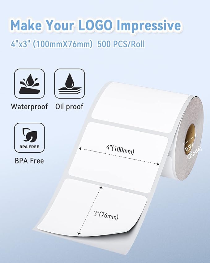 Phomemo 4"x3" Thermal Labels Roll for Small Business Supplies - Commercial Grade Logo Stickers for Business Customized - Waterproof Shipping Labels for Thermal Label Printer - 500 PCS Label Stickers