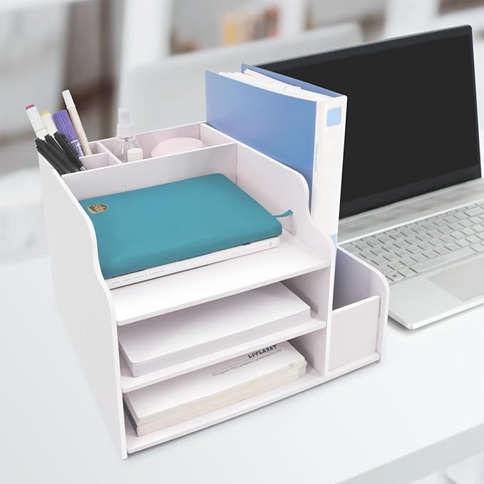 SONGWAY Desk File Organizer and Accessories - 3 Tier Paper Organizer with Horizontal and Vertical File Folder Holders, Paper Letter Tray, Desk Organizers and Storage for Home Office School