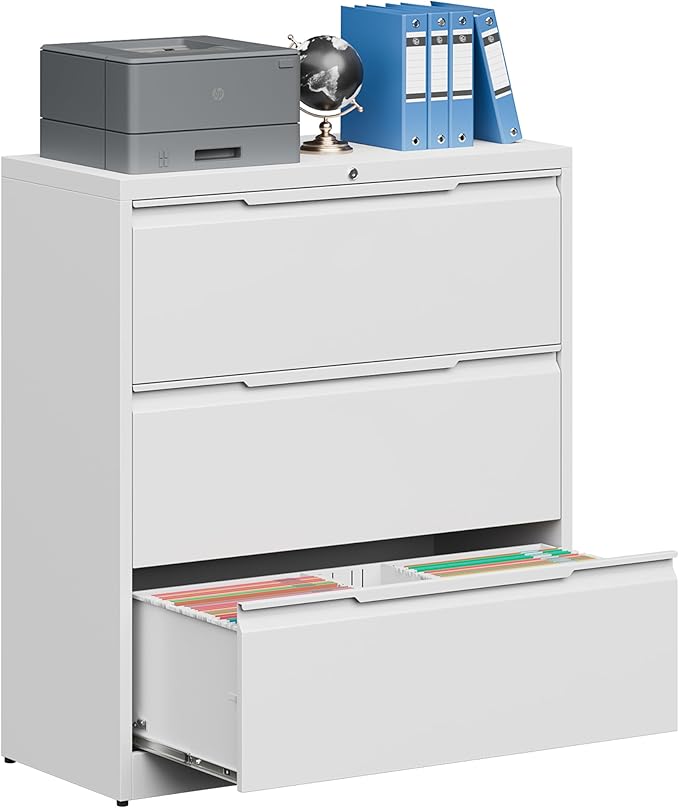 Filing Cabinet with Lock,Lateral File Cabinets 3 Drawer Metal Wide Filing Organization,Home Office School Furniture for Hanging Files Letter/Legal/F4/A4 Size - White