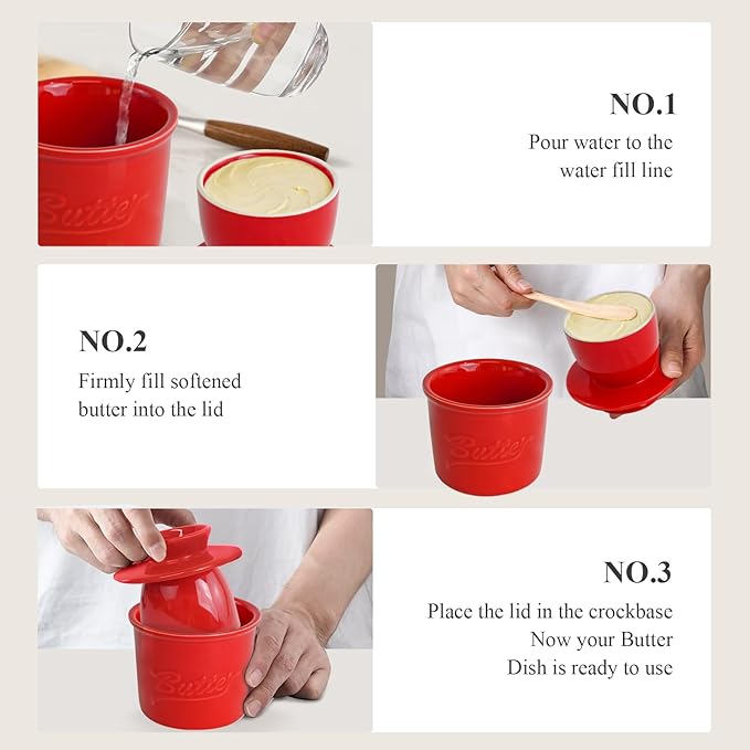 Butter Crock for Counter with Water, French Butter Keeper for Spreadable Butter Ceramic Butter Dish with Lid for Countertop, Butter Container Holder, Home Kitchen Decor (Red, M)