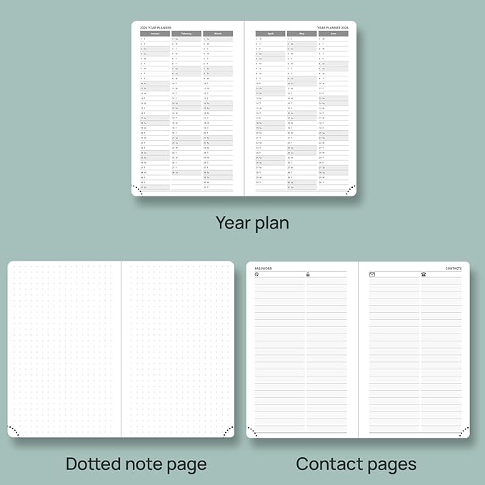 POPRUN Planner 2025-2026 Weekly Notebook for Purse(Pocket Size 4''x 6.25'') Small Academic Calendar (JUL.25 - JUN.26) with Monthly Tabs, Leather Soft Cover, Inner Pocket, 100 GSM - Petrol Green