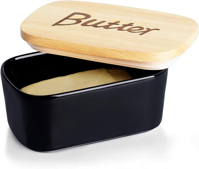 GDCZ Ceramics Butter Dish with Wooden Lid- Large Covered Butter Holder for Countertop, Butter Keeper Container Perfect for Holds 2X 4oz West/East Coast Butter, Black