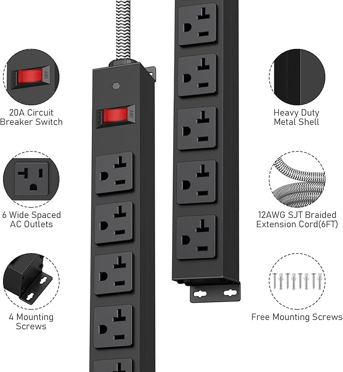 HEZI 20 Amp Power Strip with 5-20P/T- Plug, Heavy Duty High Amp Metal Surge Protector, Mountable Industrial Power Strip with 6AC Outlets(5-20R) and Circuit Breaker, 6FT 12AWG Extension Cord
