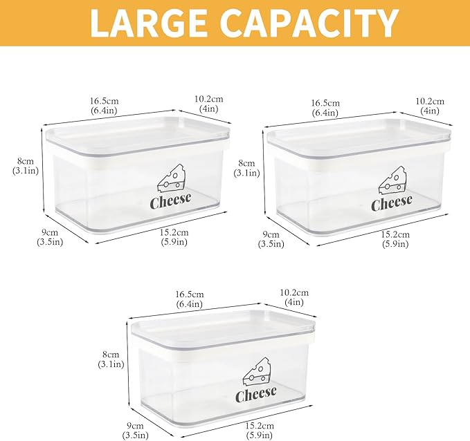 Cheese Container for Refrigerator 3 Pack,Shredded Cheese Storage Container With Lids,BPA-Free Deli Meat Storage Containers,Cream Cheeses,Fridge Organizers and Storage for Slice Cheeses Holder